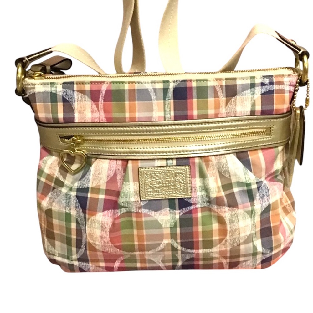 Coach Poppy Daisy Madras Plaid Crossbody Bag. Size W12” x H 10”x D 3.5”